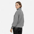Grey wool-blend turtleneck chunky knit sweater, back view