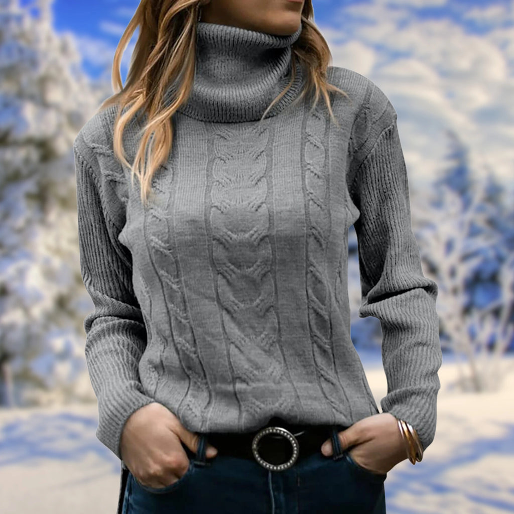 Grey cable-knit turtleneck sweater on model