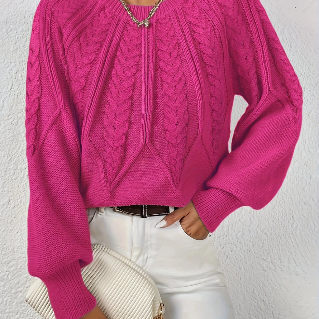 Woman wearing a hot pink voluminous sleeve sweater with cable knit texture