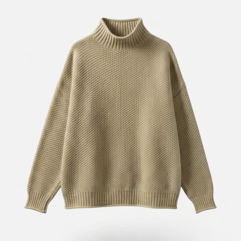 Khaki mock-neck knit sweater, flat lay