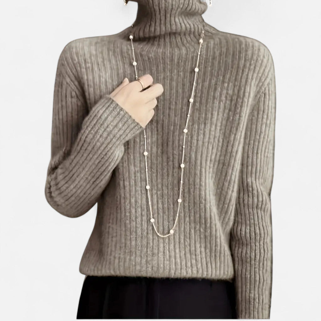 Khaki thick ribbed turtleneck sweater, front view