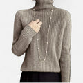Khaki thick ribbed turtleneck sweater, front view