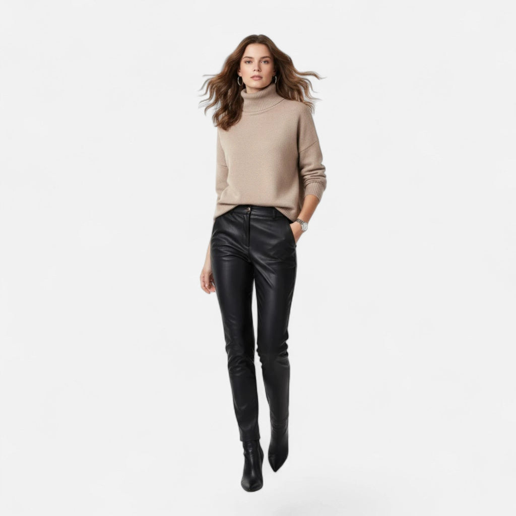 Khaki oversized turtleneck sweater on model