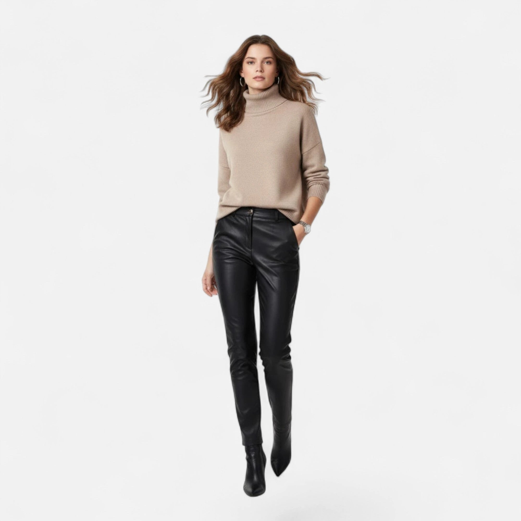 Khaki oversized turtleneck sweater on model