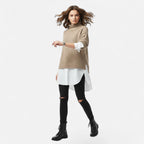 Khaki mock-neck sweater worn by model