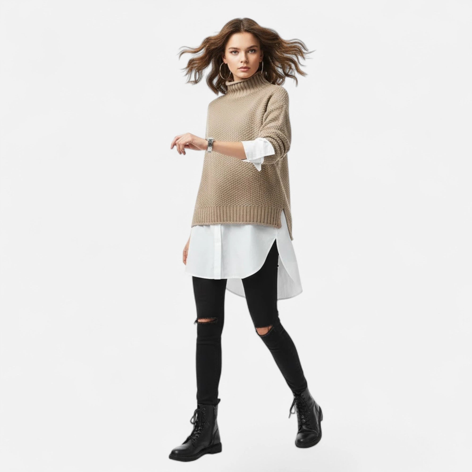 Khaki mock-neck sweater worn by model