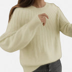 Khaki ribbed knit crew neck sweater, front view