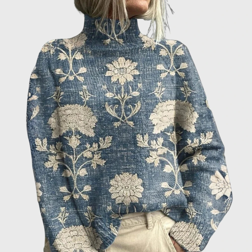 Light blue turtleneck sweater with vintage floral print, front view