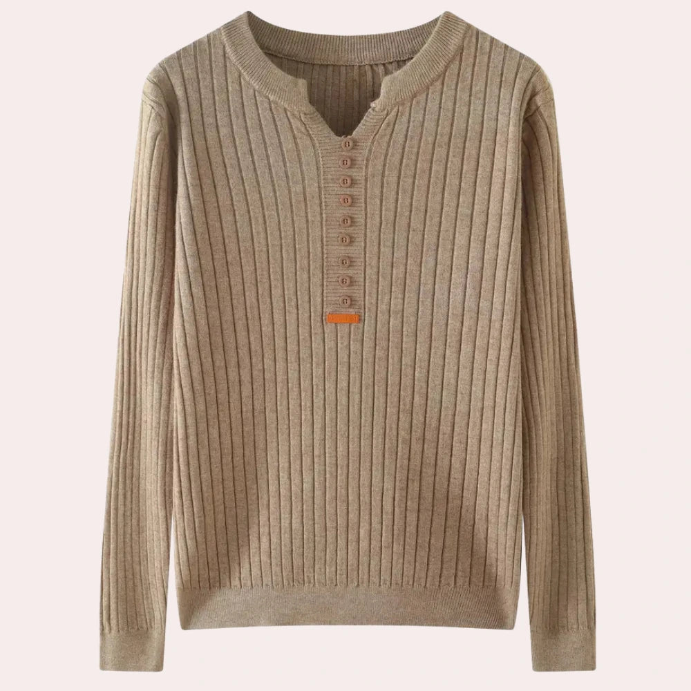 Light brown ribbed knit sweater with notched neck and button placket, flat lay