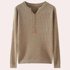 Light brown ribbed knit sweater with notched neck and button placket, flat lay