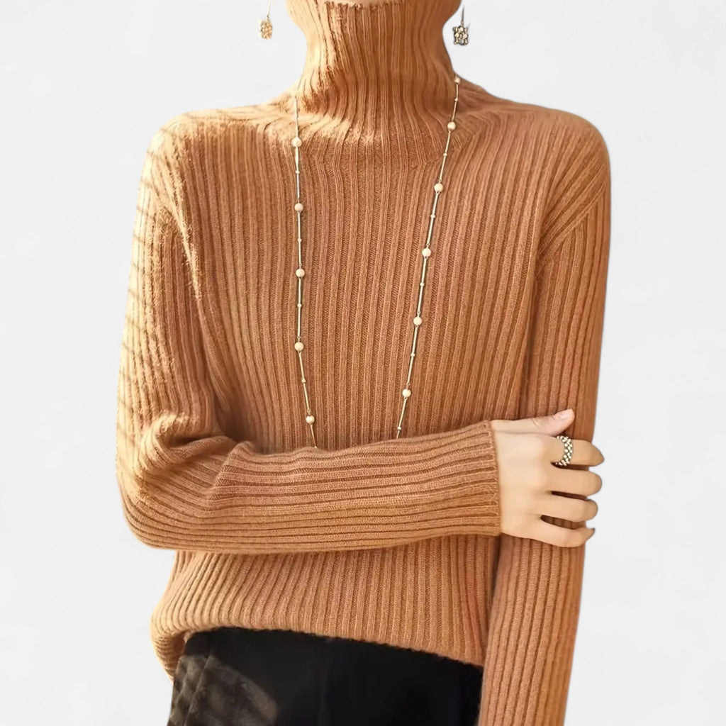 Light brown ribbed turtleneck sweater, front view
