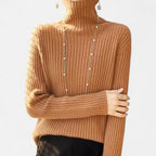 Light brown ribbed turtleneck sweater, front view