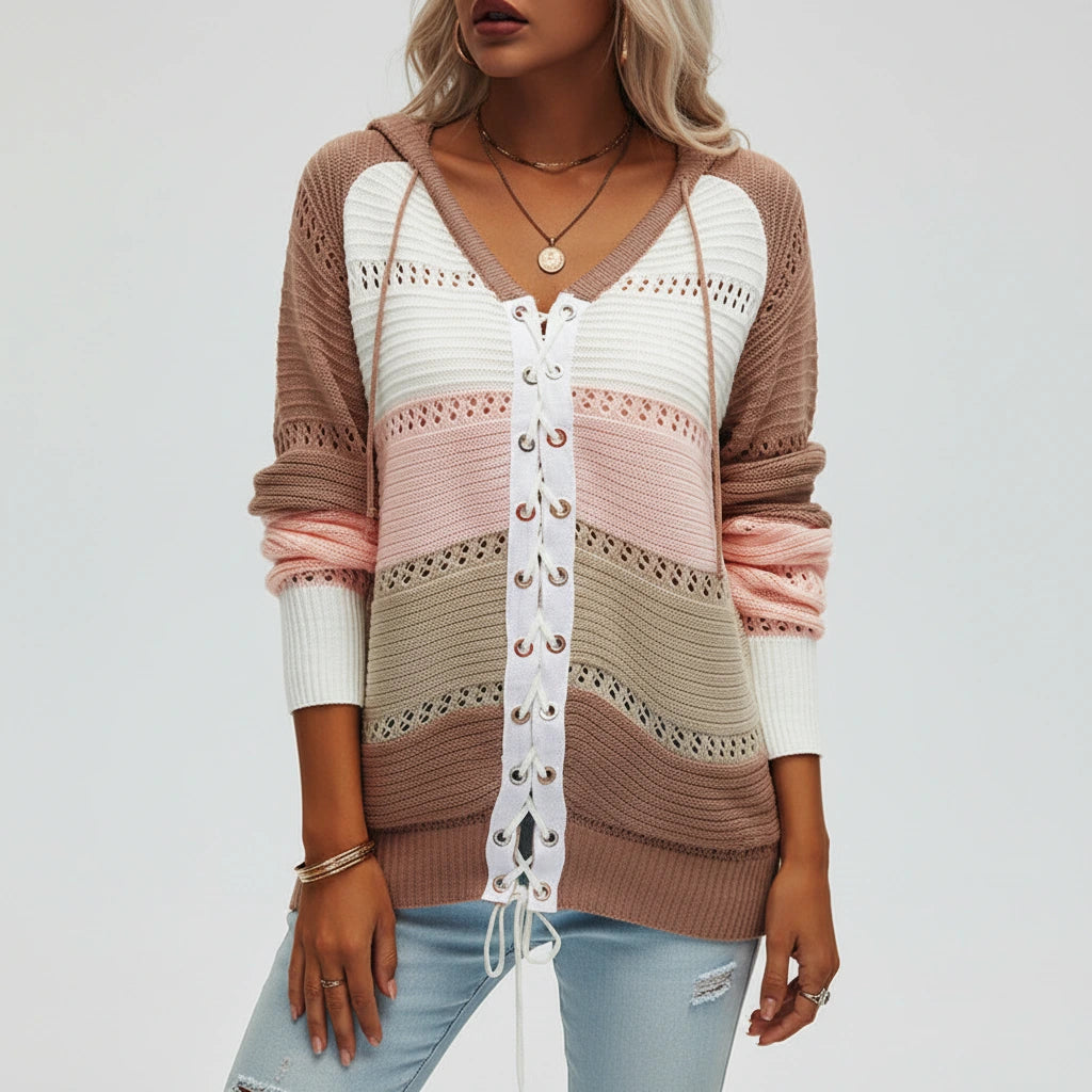 Light brown hooded lace-up sweater with openwork panels, front view