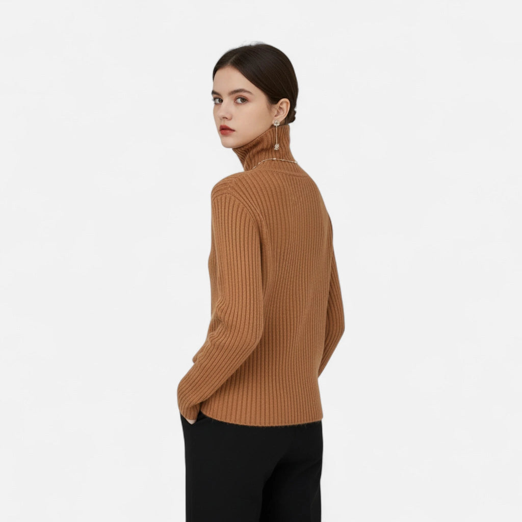 Light brown ribbed turtleneck sweater, side view