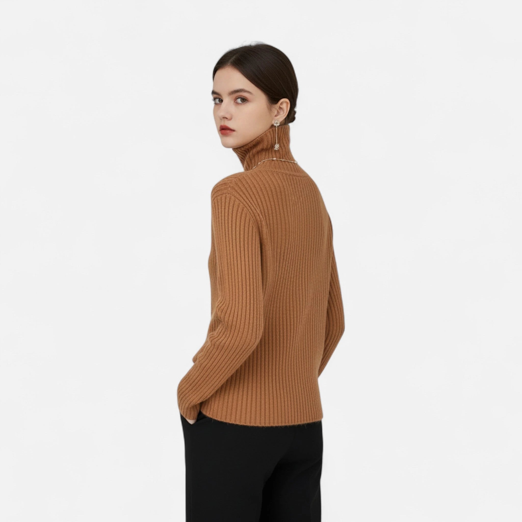 Light brown ribbed turtleneck sweater, side view