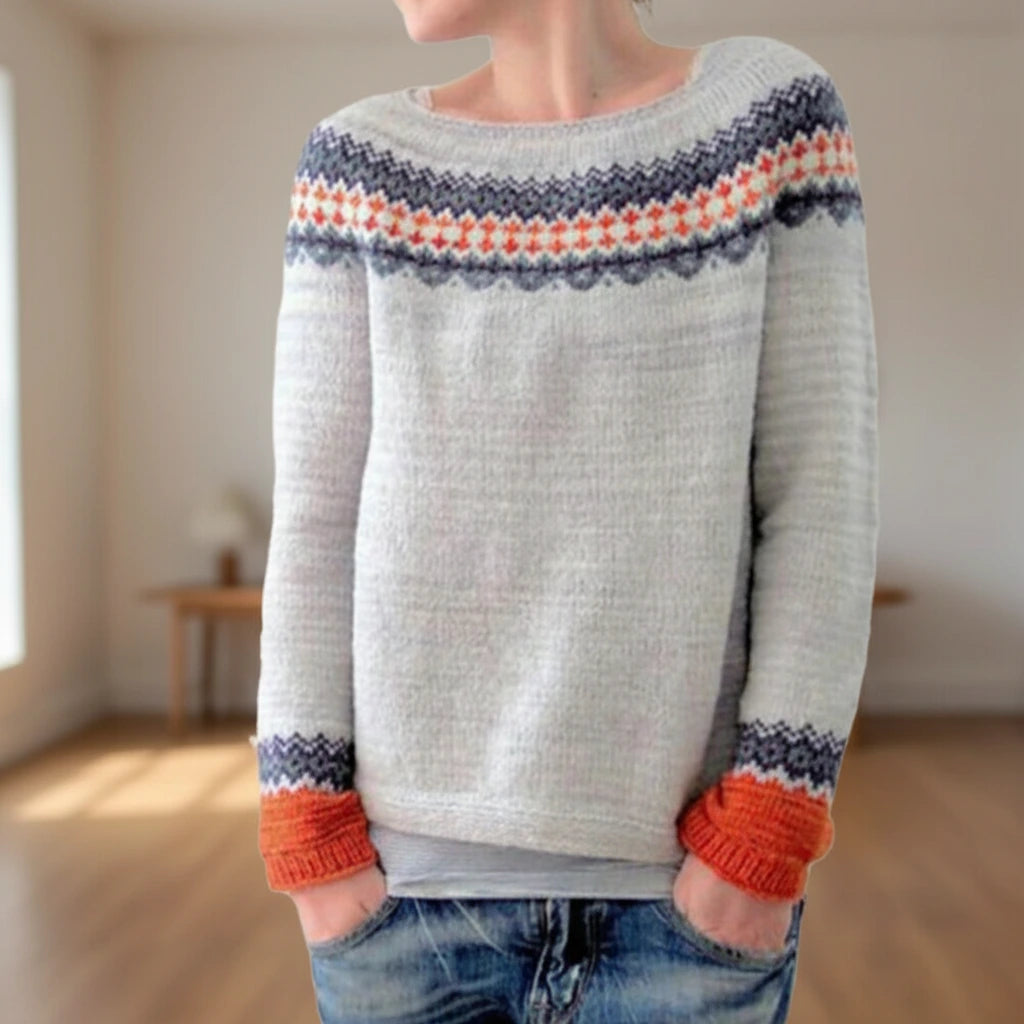 Light grey patterned sweater, close-up of colourwork yoke and neckline