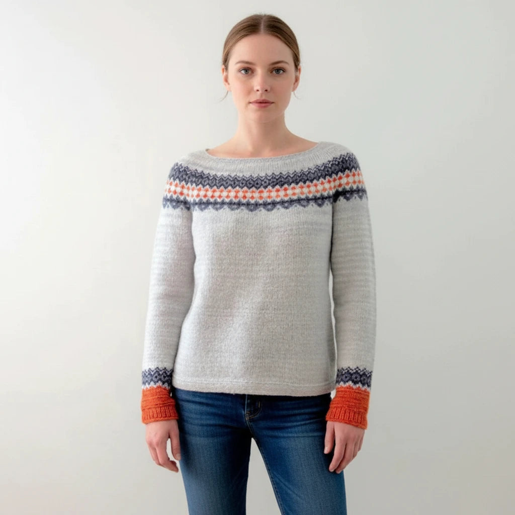 Light grey patterned crew neck sweater with ribbed cuffs, front view