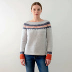 Light grey patterned crew neck sweater with ribbed cuffs, front view