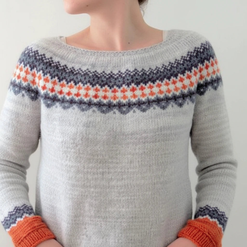 Light grey patterned sweater, studio front view