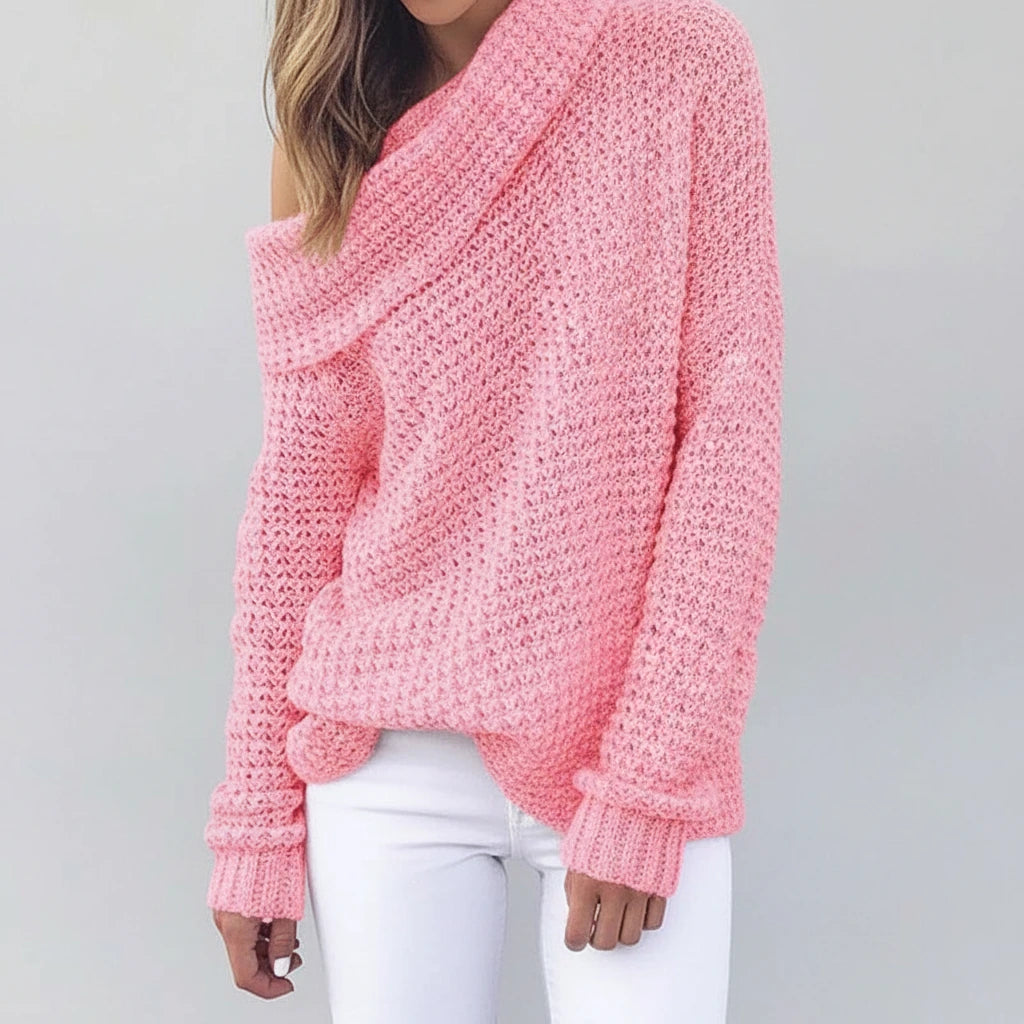Driftly women's light pink off-shoulder relaxed long sleeve sweater, front view