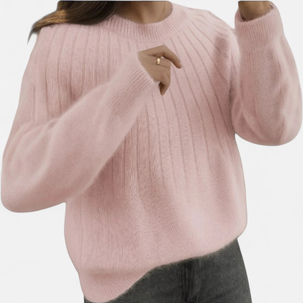 Light pink ribbed knit crew neck sweater, front view