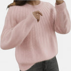 Light pink ribbed knit crew neck sweater, front view