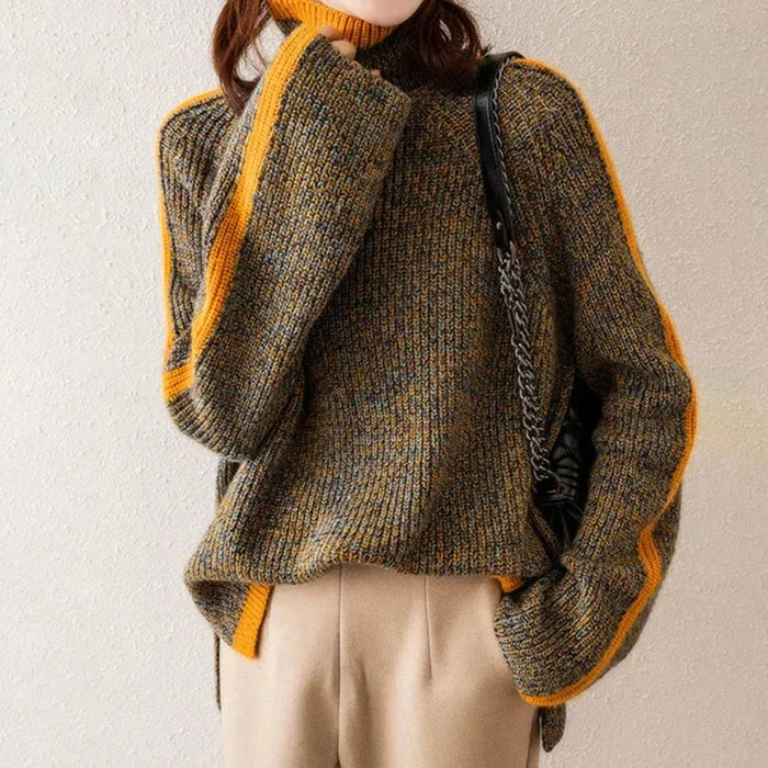 Multicolour turtleneck knit jumper back view on model