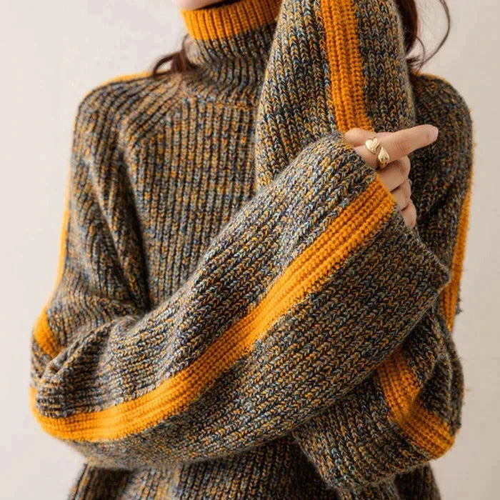 Multicolour turtleneck knit jumper front view on model