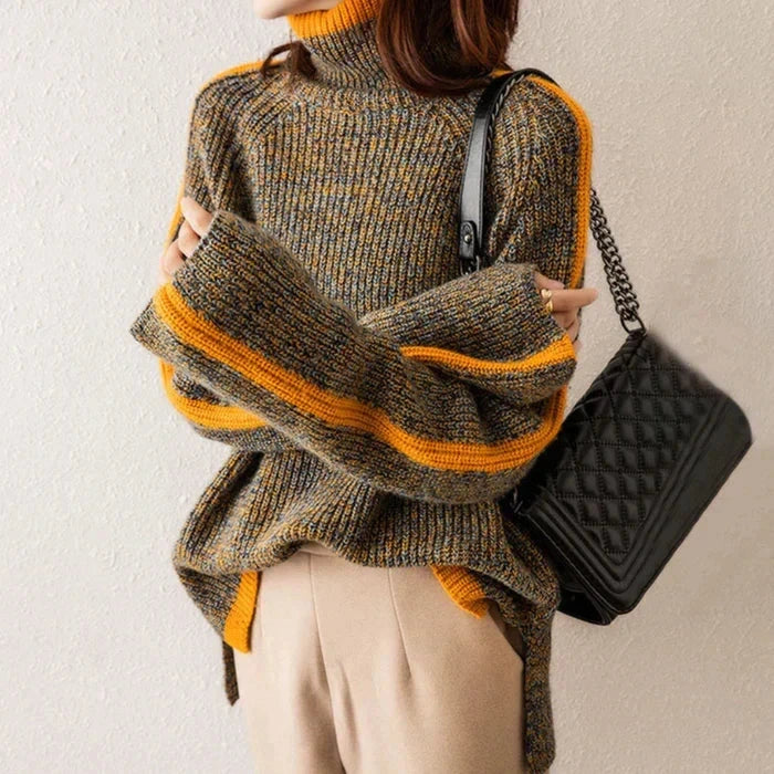 Multicolour turtleneck knit jumper side view on model