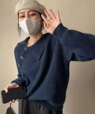 Navy blue vintage knit sweater, front view