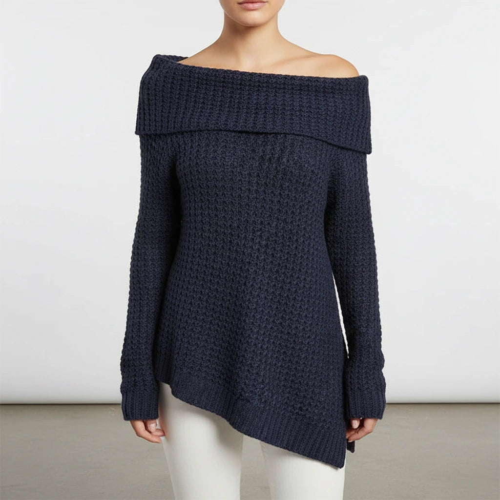 Driftly women's navy blue off-shoulder relaxed long sleeve sweater, front view
