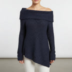 Driftly women's navy blue off-shoulder relaxed long sleeve sweater, front view