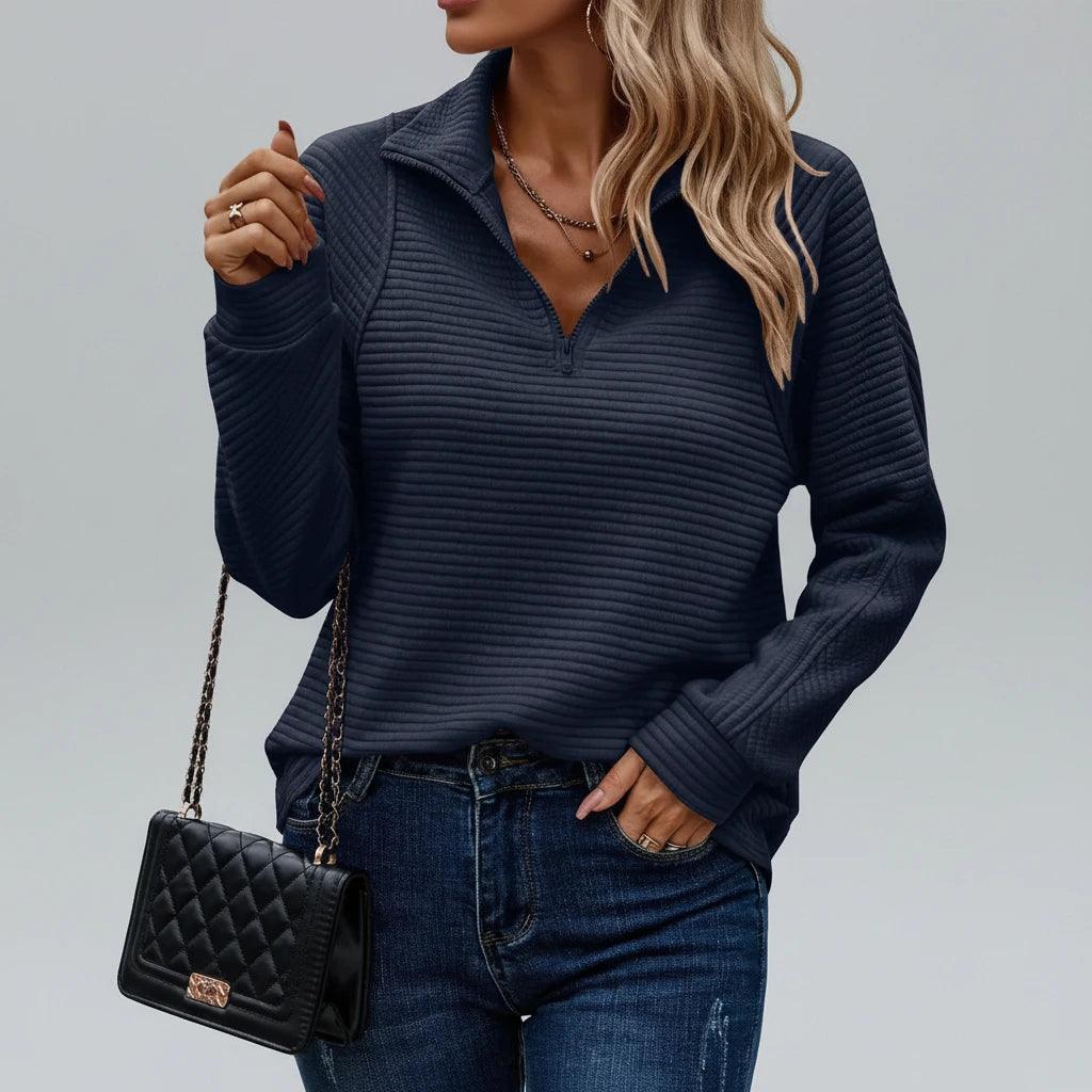 Navy blue ribbed quarter-zip sweater, front view
