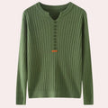 Olive green ribbed knit sweater with notched neck and button placket, flat lay