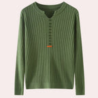 Olive green ribbed knit sweater with notched neck and button placket, flat lay