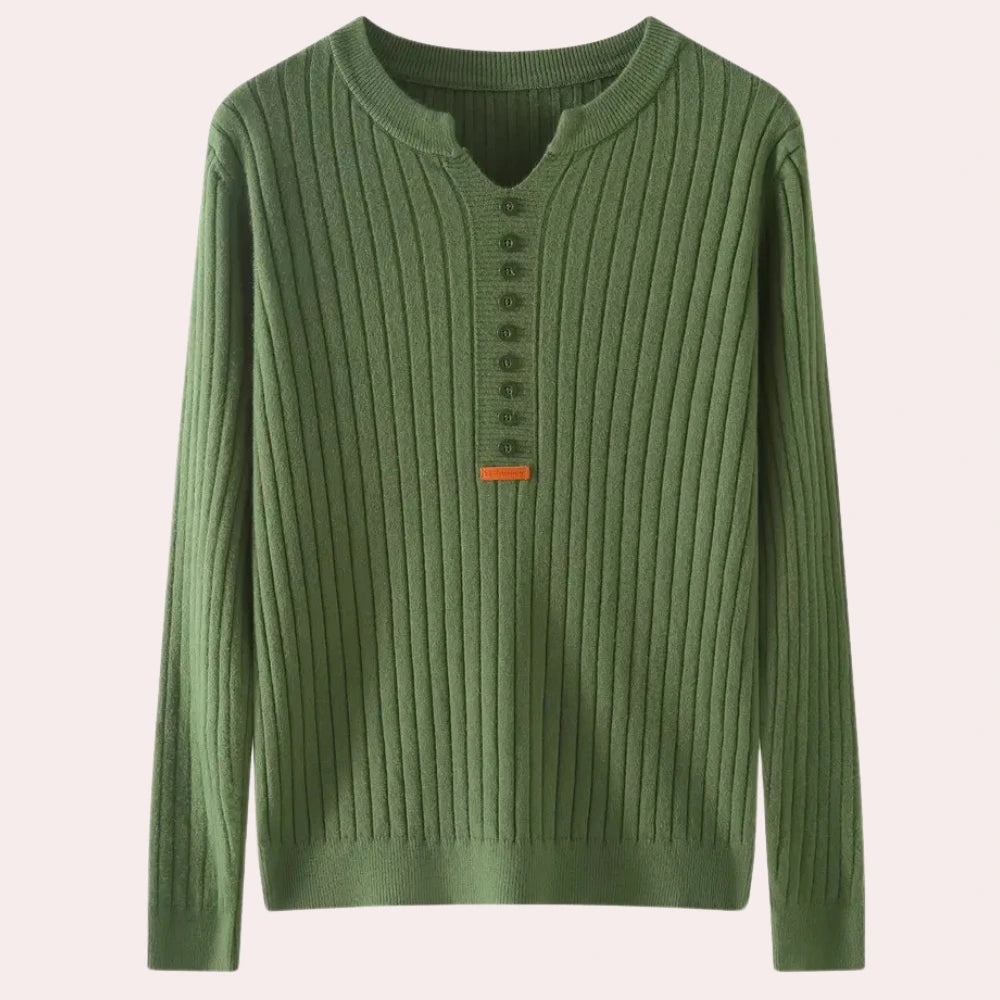Olive green ribbed knit sweater with notched neck and button placket, flat lay