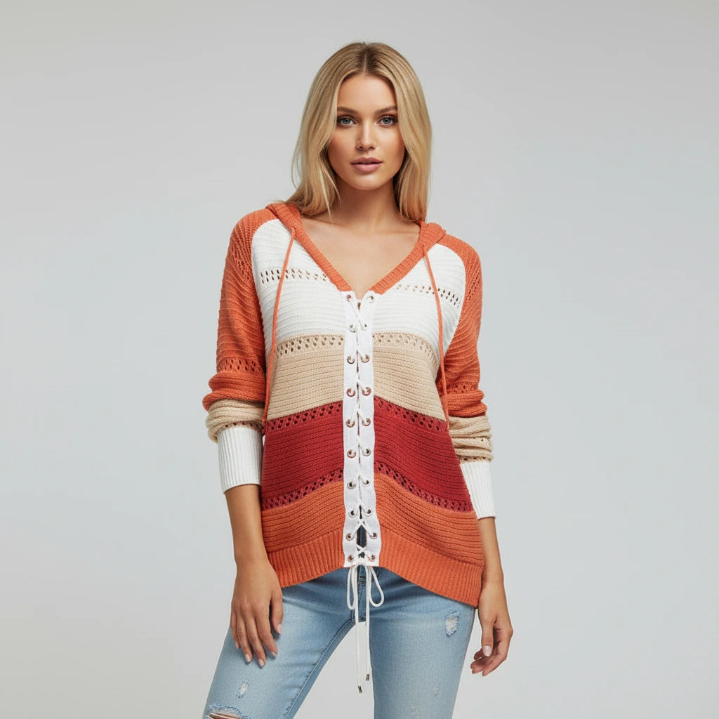Orange hooded lace-up sweater with openwork panels, front view