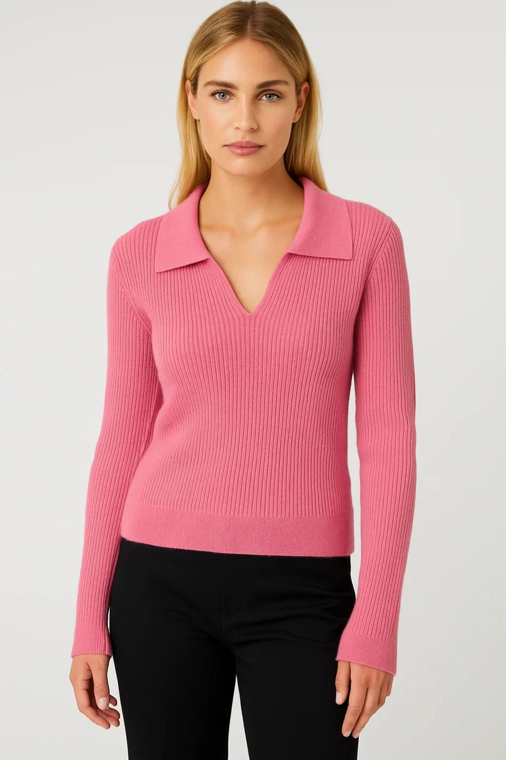 Pink ribbed cropped V-neck sweater with collar, flat lay back