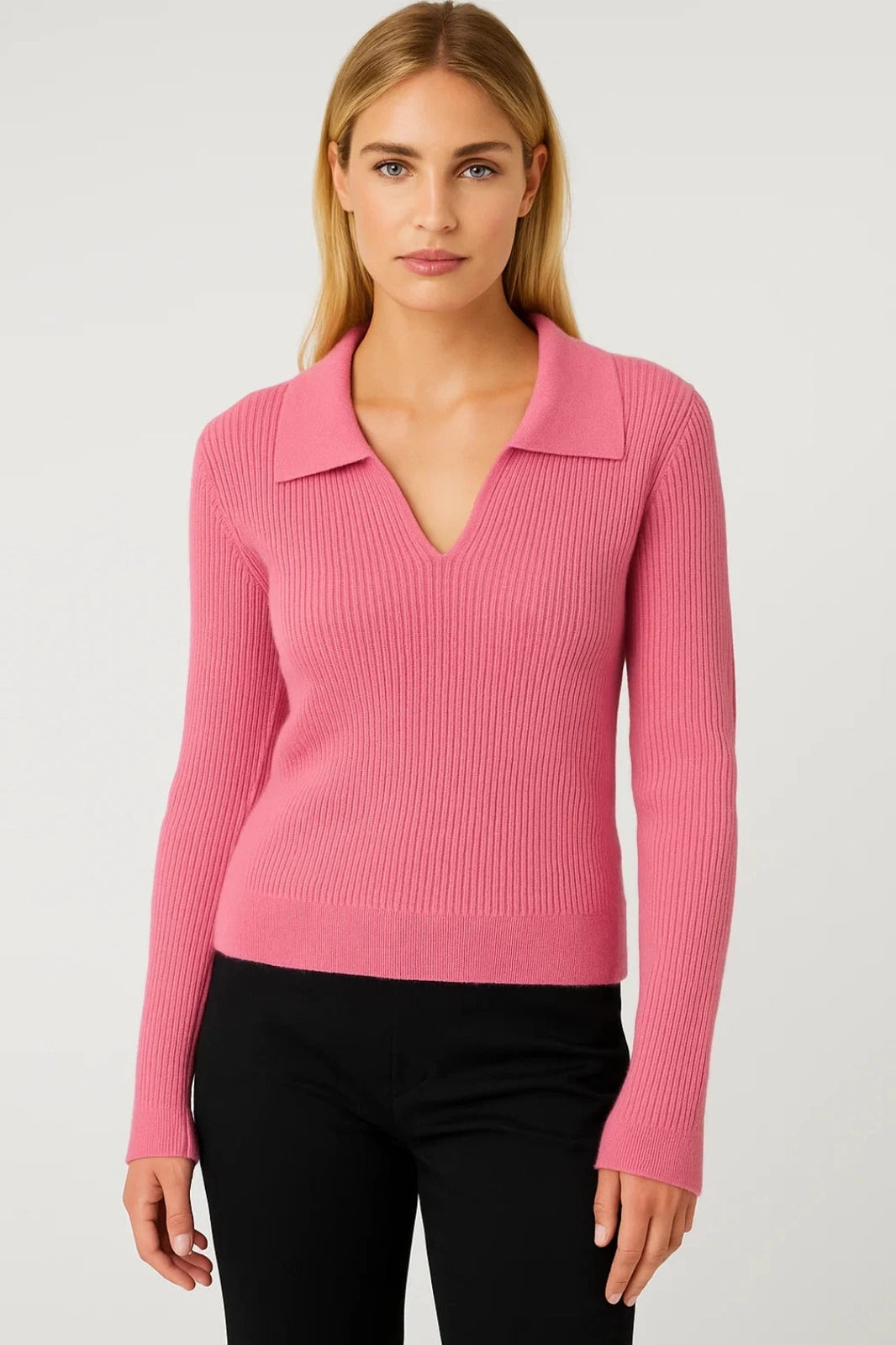 Pink ribbed cropped V-neck sweater with collar, flat lay back