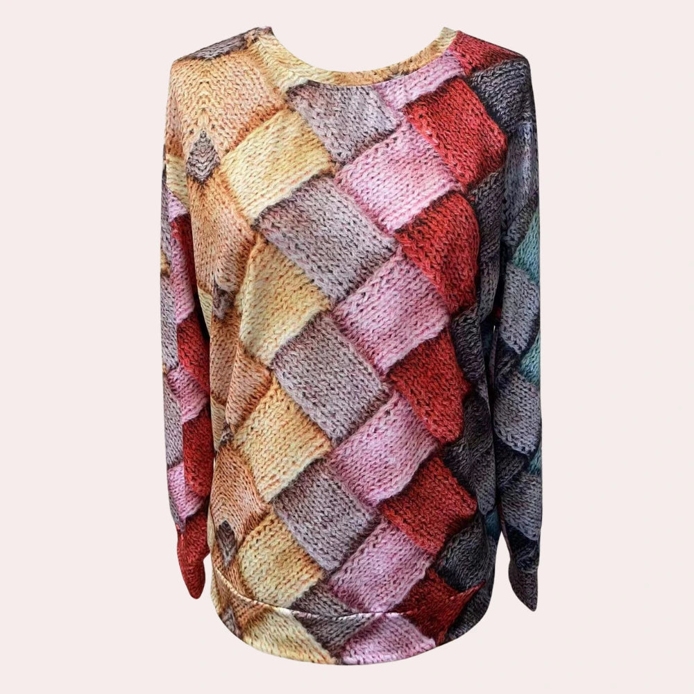 Back view of pink colorblock diamond knit sweater
