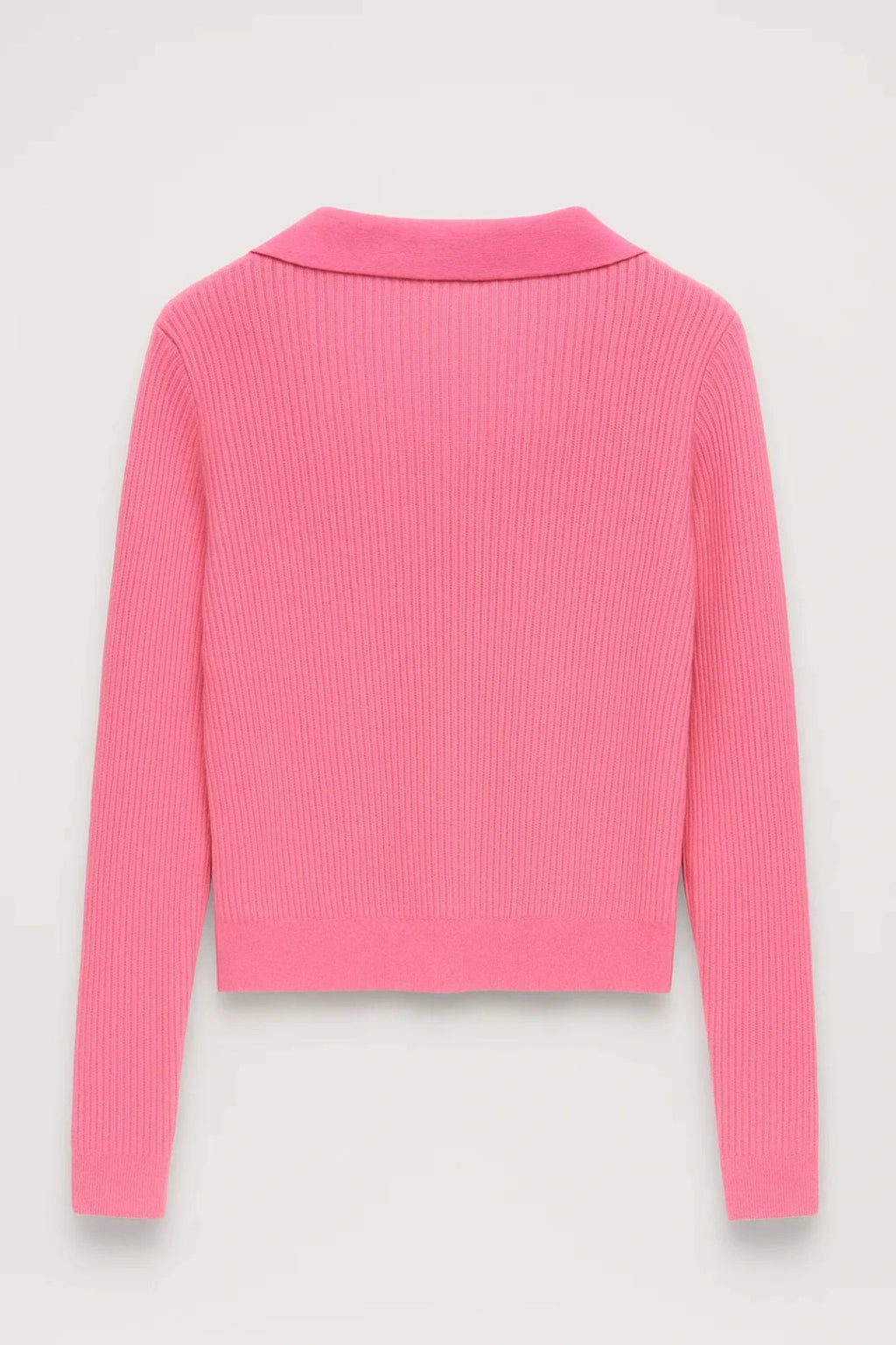 Pink ribbed cropped V-neck sweater with collar, flat lay front