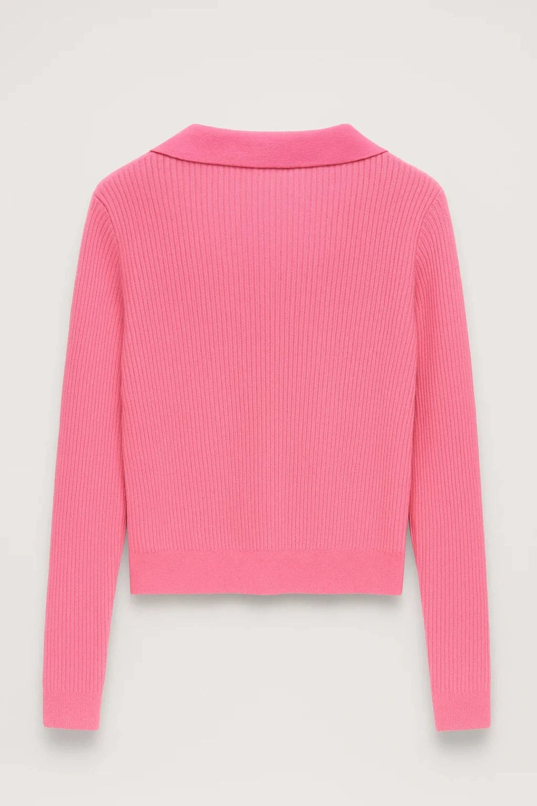 Pink ribbed cropped V-neck sweater with collar, flat lay front