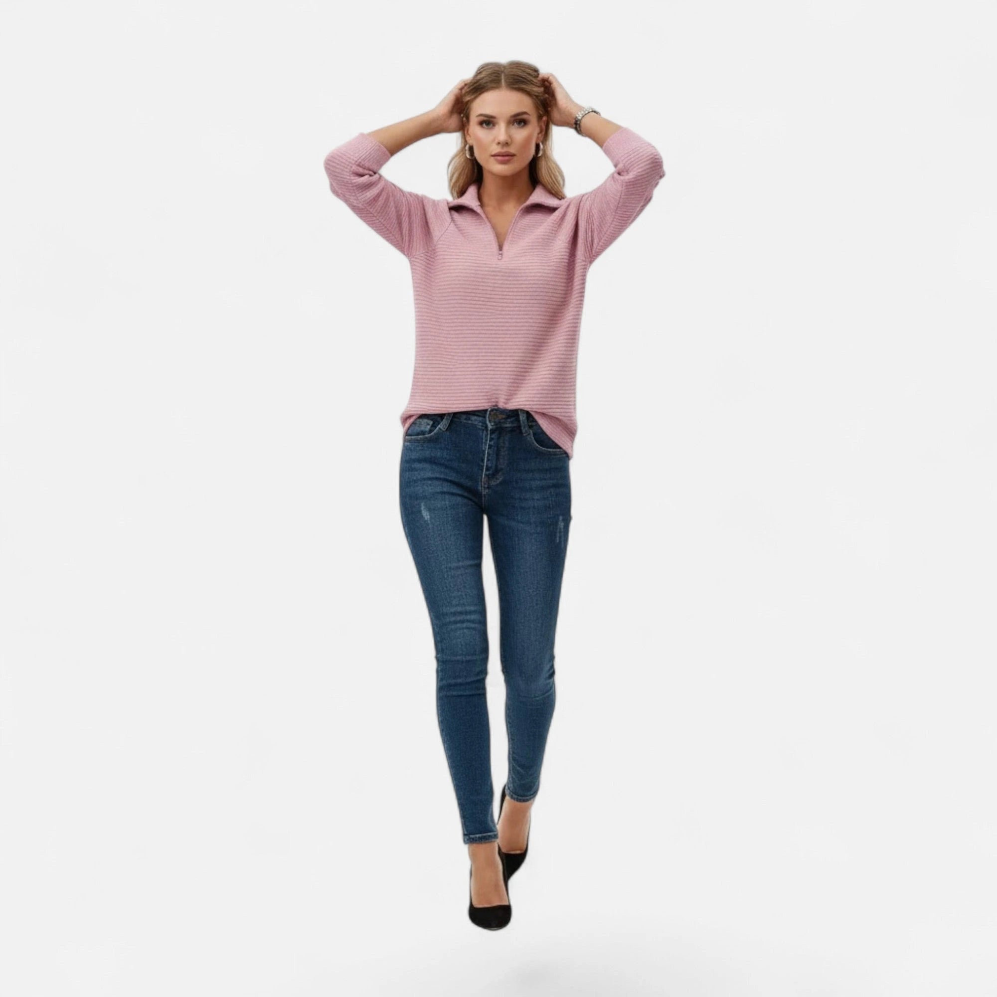 Woman wearing pink zipper stand-collar ribbed knit sweater