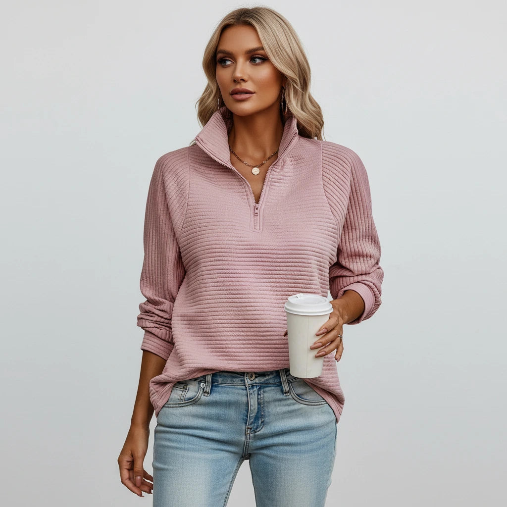 Pink ribbed quarter-zip sweater, front view