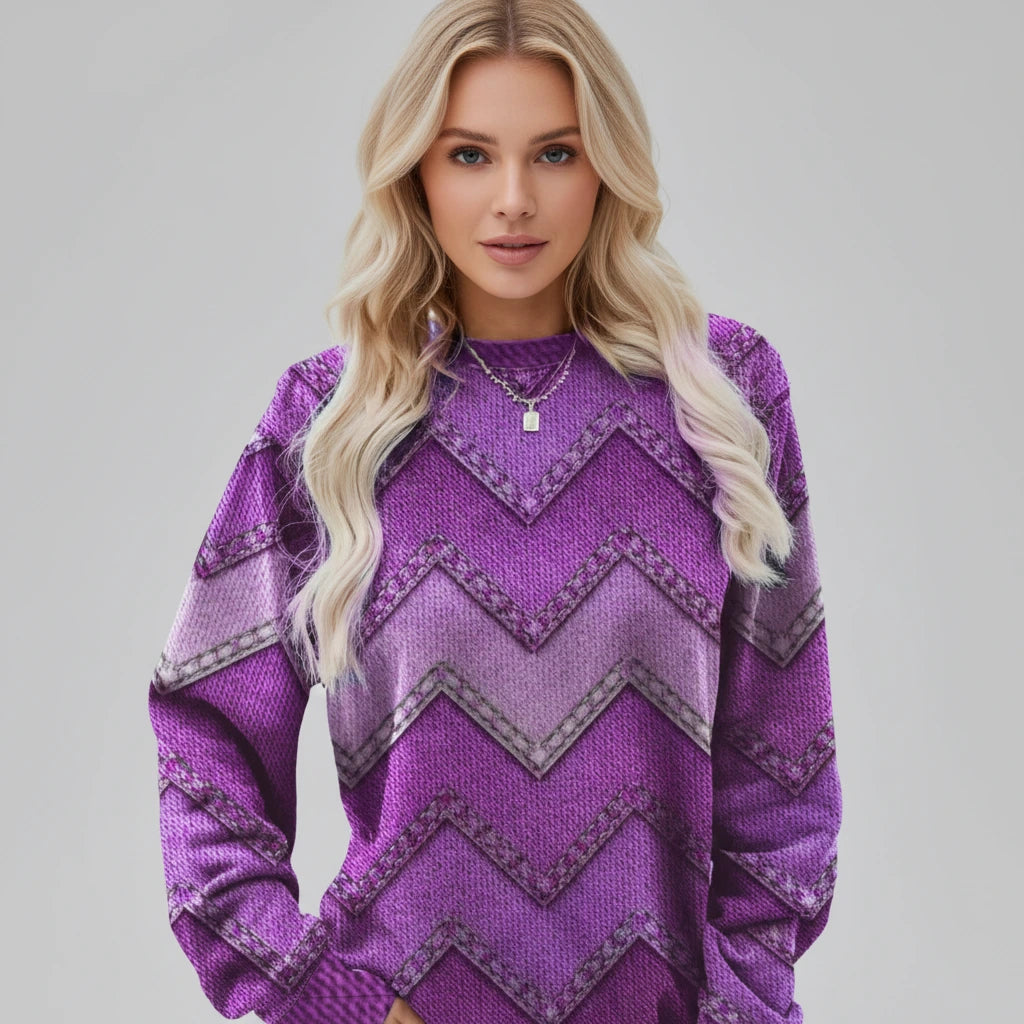 Purple chevron patterned crew neck sweater, front view
