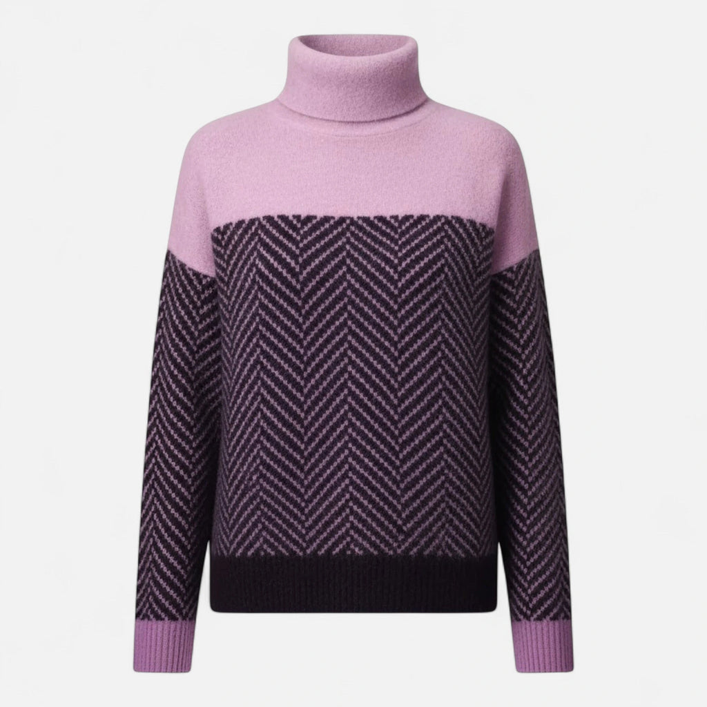 Purple and lilac colorblock wool turtleneck knit sweater flat lay