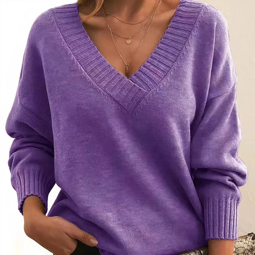 Purple cashmere V-neck balloon sleeve sweater on model