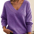Purple cashmere V-neck balloon sleeve sweater on model