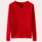 Red ribbed knit sweater with notched neck and button placket, flat lay