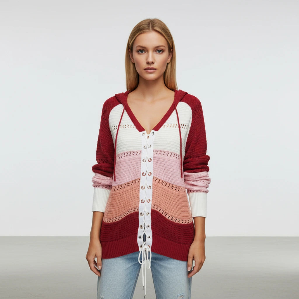 Red hooded lace-up sweater with openwork panels, front view
